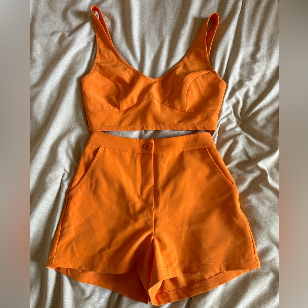 Orange two piece crop tank top + high waist shorts set
